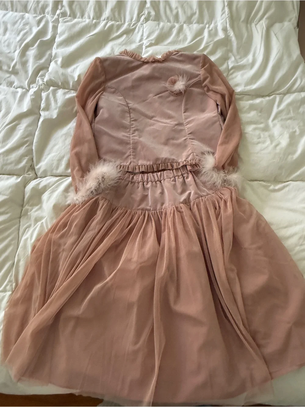 Girls' Dusty Pink Tulle Party Dress with Feather Accents